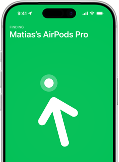 iPhone 17 Pro, aplikace Najít se zapnutou funkcí Přesné vyhledávání, text: Matiasovy AirPody Pro